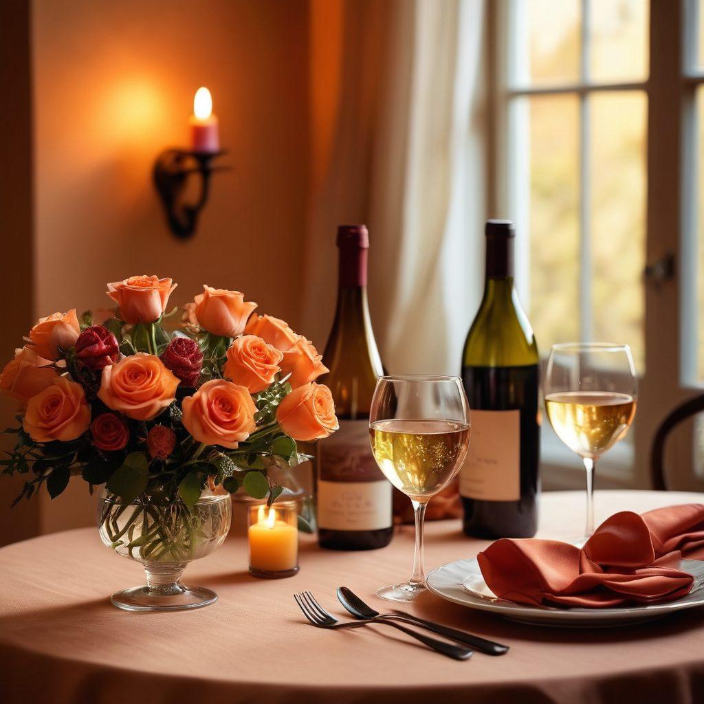 A cozy scene depicting a candle-lit dinner table set for two, with soft dappled lighting that creates an intimate ambiance. Surrounding the table, tasteful decorations like small rose bouquets and elegant wine glasses, suggesting romance and connection. Subtle silhouettes of a couple sharing a laugh in the background, conveying warmth and closeness. Pairing vibrant colors with a soft focus effect to evoke feelings of love and passion. super-realistic. soft colors. warm glow.