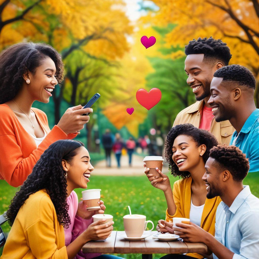 A vibrant collage of diverse couples enjoying modern dating, with smartphones, heart emojis, and social media icons floating around. Show one couple laughing, another holding hands in a park, and a third sharing a coffee, symbolizing the transition from casual to deep connections. Include warm and inviting colors to evoke positive emotions. soft focus. modern art style. vibrant colors.