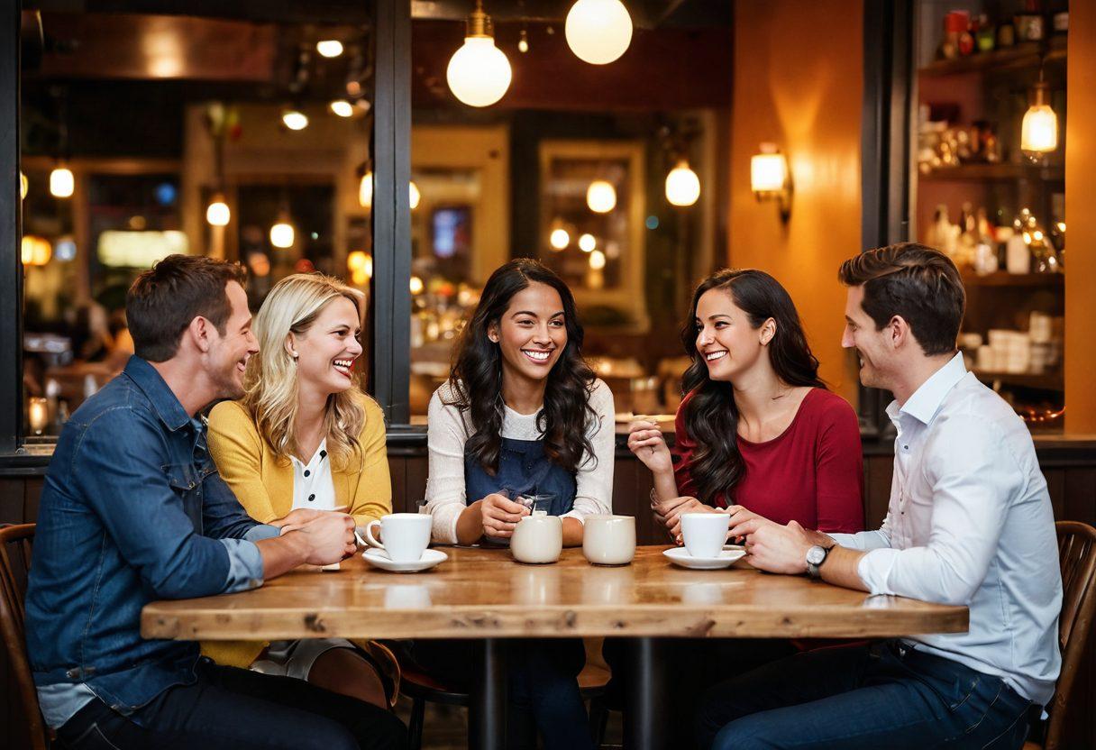 A warm and inviting scene showcasing a diverse group of adults engaged in lively conversation and laughter at a cozy café, with hints of romance in the atmosphere, such as soft lighting and intimate seating. Incorporate elements of connection, like fingers brushing over a romantic shared dessert, and ensure a balanced mix of individuals sharing heartfelt stories. Emphasize vibrant colors to evoke passion and warmth. soft focus. vibrant colors. inviting ambiance.